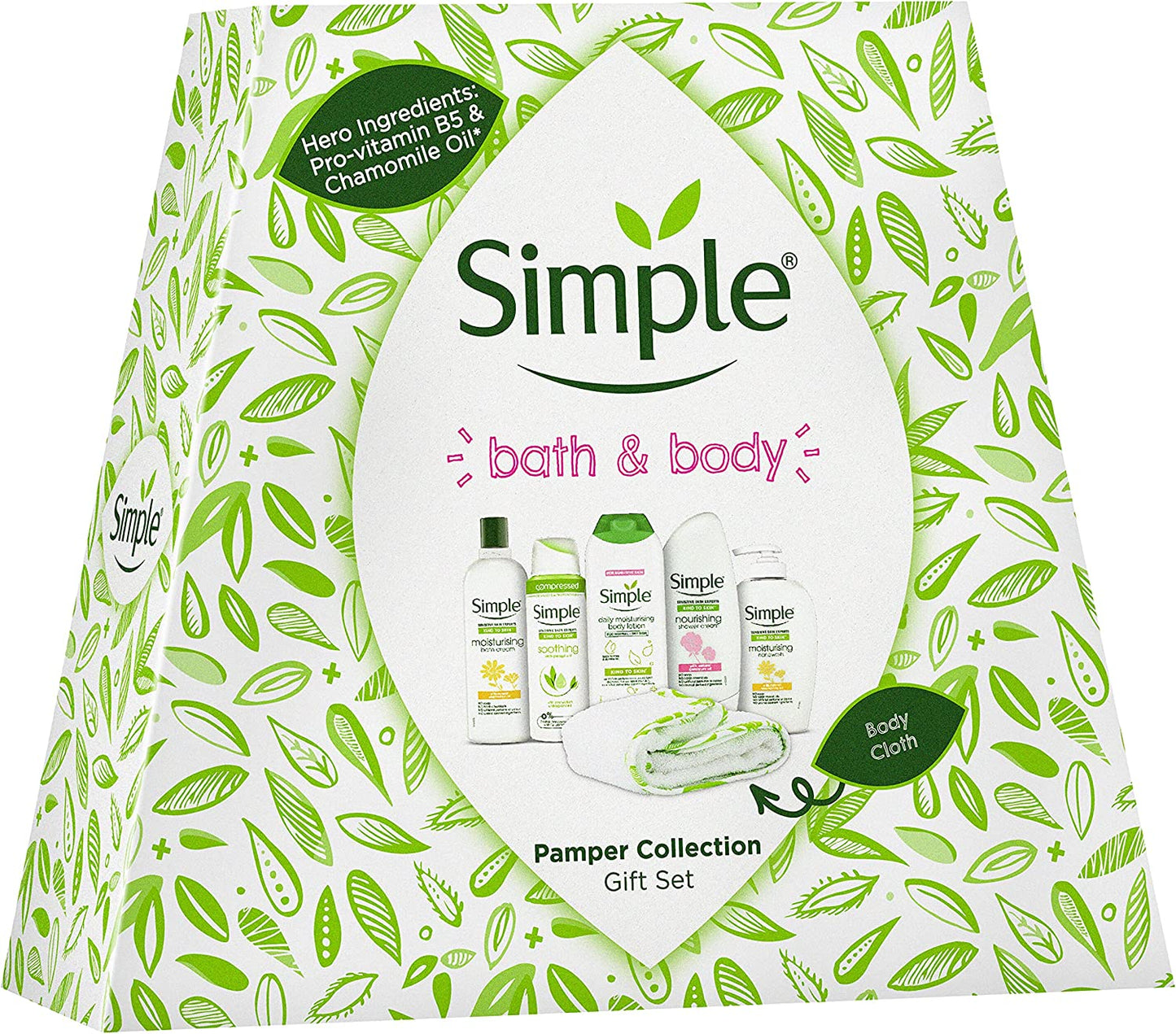 Simple Bath and Body Pamper Moisturising Collection Kind to Skin with a Soft Cotton Body and Face Cloth Gift Set Festive Gifts for Women
