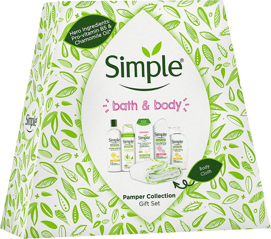 Simple Bath and Body Pamper Moisturising Collection Kind to Skin with a Soft Cotton Body and Face Cloth Gift Set Festive Gifts for Women