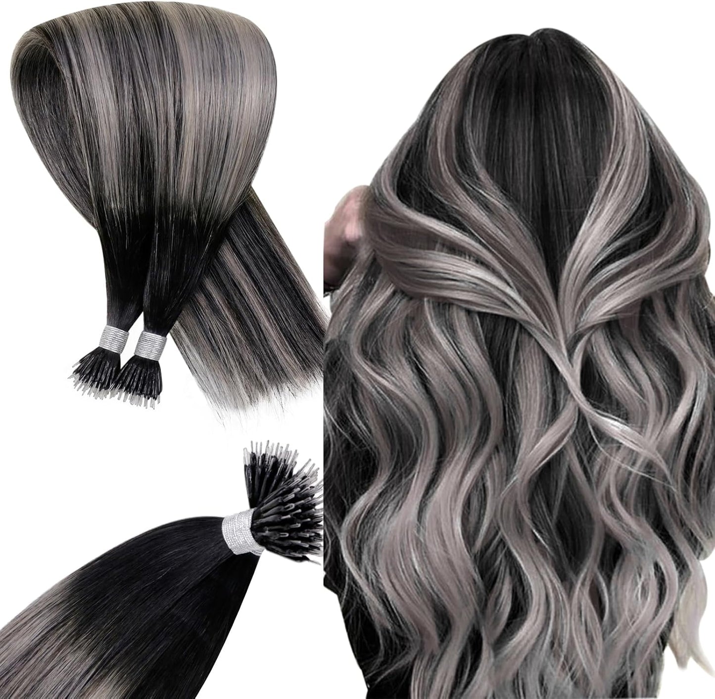 100g Nano Ring Hair Extensions Double Drawn  Ash Brown #1B/Silver/1b