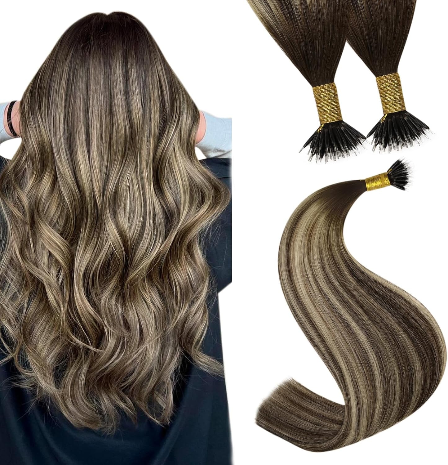 100g Nano Ring Hair Extensions Double Drawn  Ash Brown #4/18/4