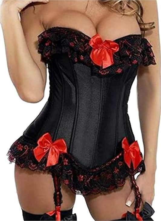 Gothic Satin Lace up Boned Bustier Corset - Red and Black